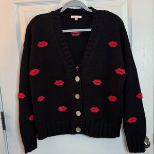 Lisa Todd Black Cardigan with Red Lip Design